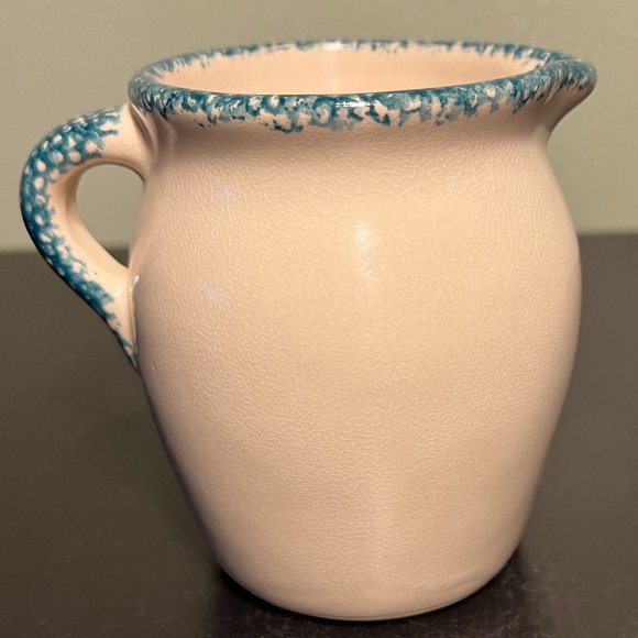 Blue Spongeware Creamer Pitcher ~ Pink Hearts ~ Watering Can - Picture 2 of 5